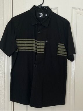 Short-Sleeve Black Button-Down Shirt with Olive Stripe Detail